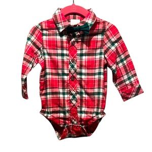 New Cat & Jack Baby Boy’s Flannel Shirt Onesie With Bow tie Size 6-9 Months NWOT